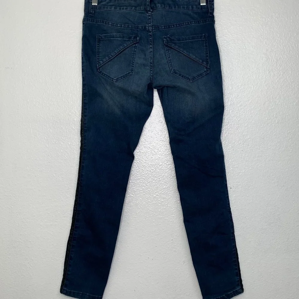 Free People Vegan Leather Trim Blue‎ Skinny 5 Pocket Aquatic Blue Sz 29